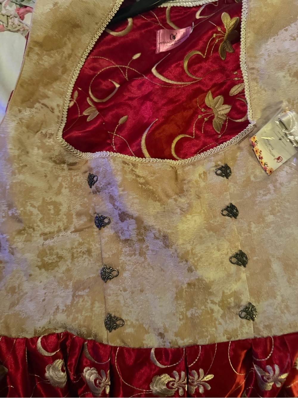 Women's Burgundy and Cream dirndl Dress with Embroidered Skirt - Picture 8 of 12